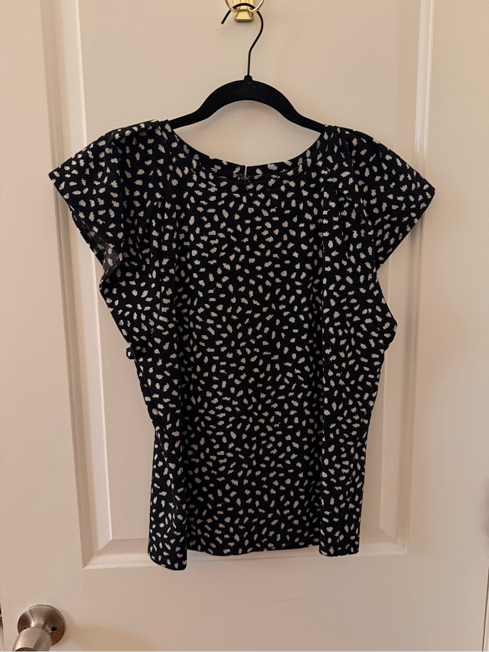 Ann Taylor Black Top with White Abstract Dot Print and Flutter Sleeves